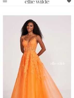 ellie wilde Orange Lace Appliqué Tulle Prom Gown